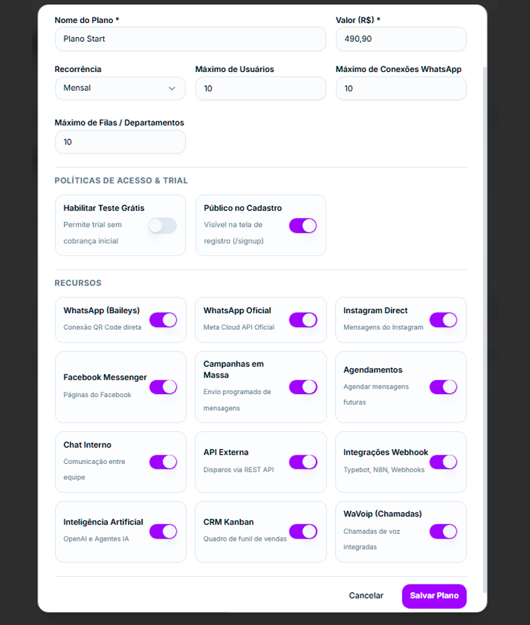 Controle de Recursos e Planos Real no BotConnecta